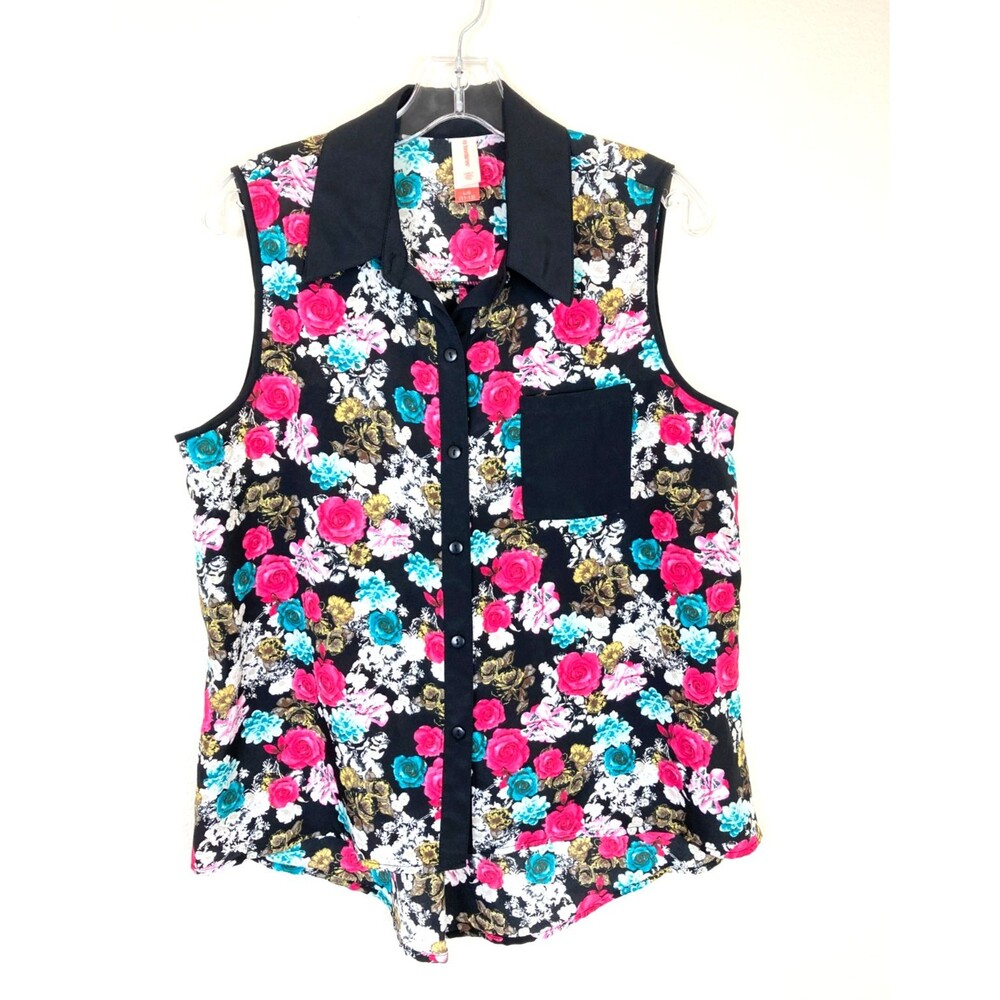 No Boundaries Women's Sleeveless Button Up Blouse Size Jr. L Floral Black Trim